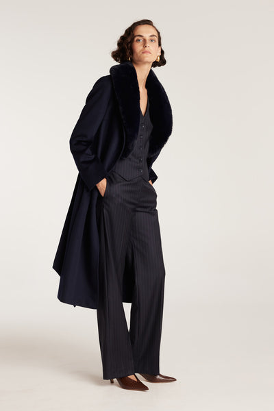 Fur Collar Coat - Navy-Perri Cutten