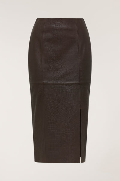 Croc Leather Skirt - Chocolate-Perri Cutten