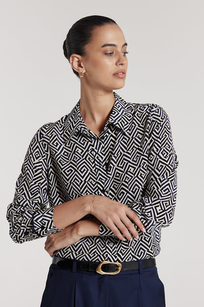 Lyon Silk Shirt - Navy/White-Perri Cutten