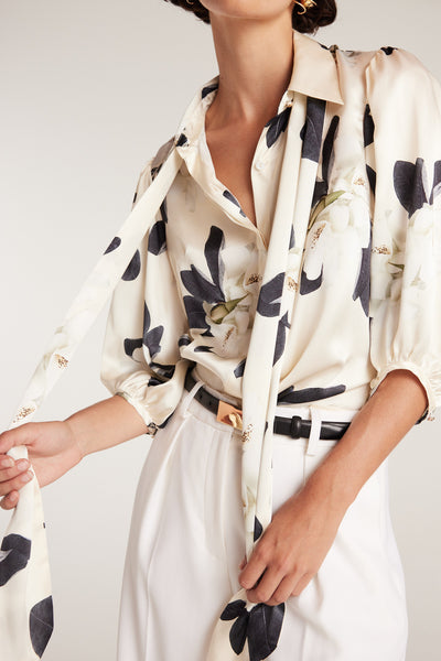 Magnolia Silk Shirt - Ivory/Green-Perri Cutten