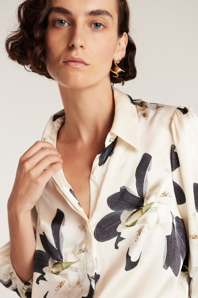 Magnolia Silk Shirt - Ivory/Green-Perri Cutten