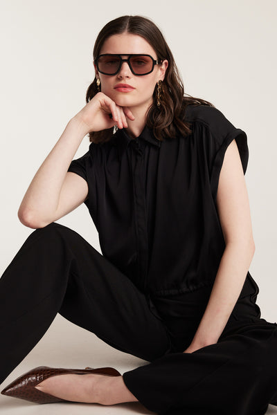 Belle Silk Crop Shirt - Black-Perri Cutten