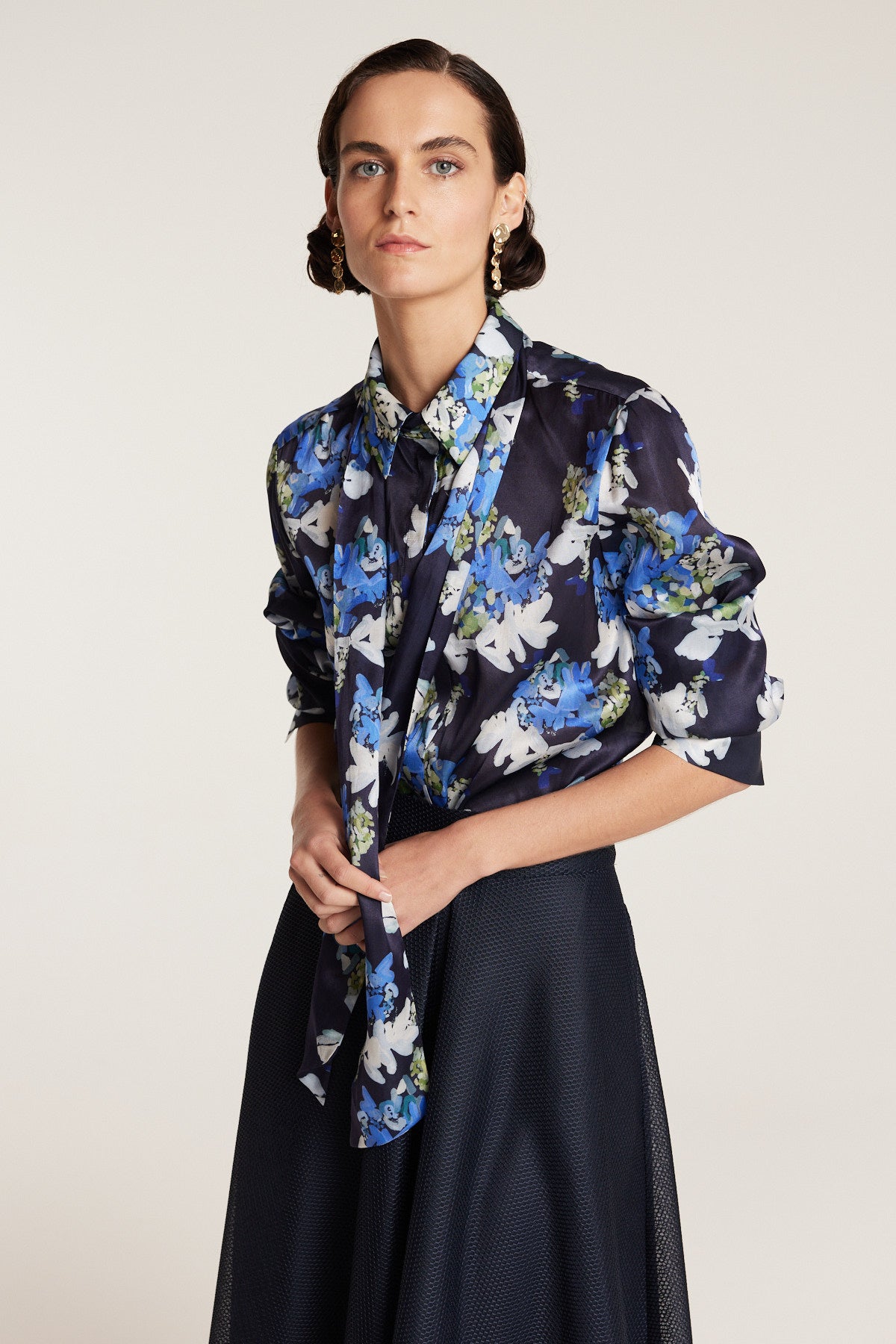 Organza Print Shirt - Navy/Print-Perri Cutten