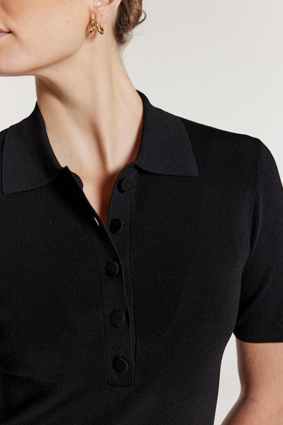 Crepe Knit Polo Top - Black-Perri Cutten