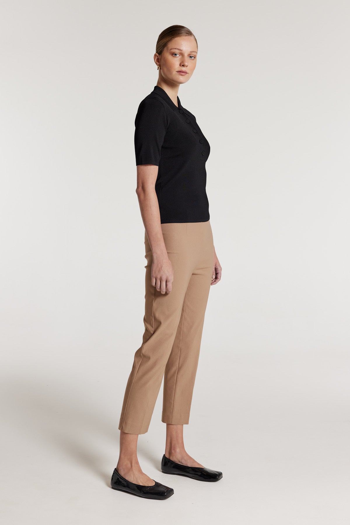 Crepe Knit Polo Top - Black-Perri Cutten