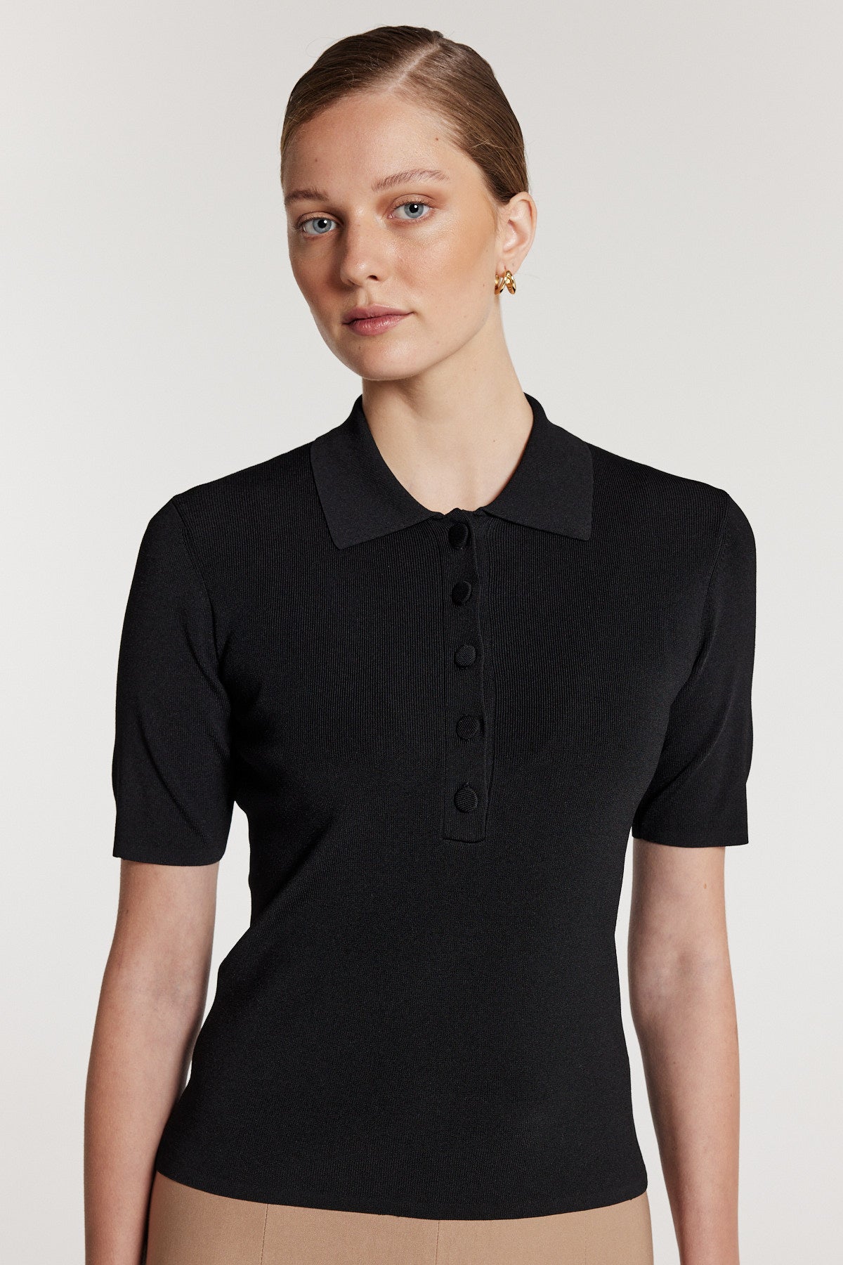 Crepe Knit Polo Top - Black-Perri Cutten