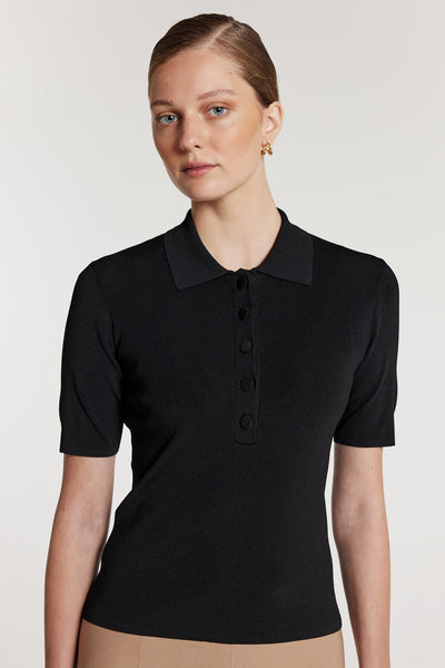 Crepe Knit Polo Top - Black-Perri Cutten