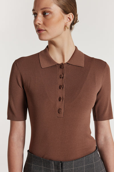 Crepe Knit Polo Top - Walnut-Perri Cutten