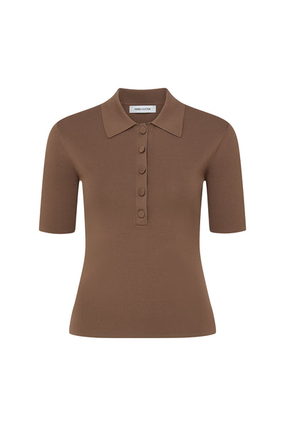 Crepe Knit Polo Top - Walnut-Perri Cutten