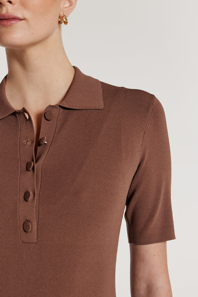 Crepe Knit Polo Top - Walnut-Perri Cutten