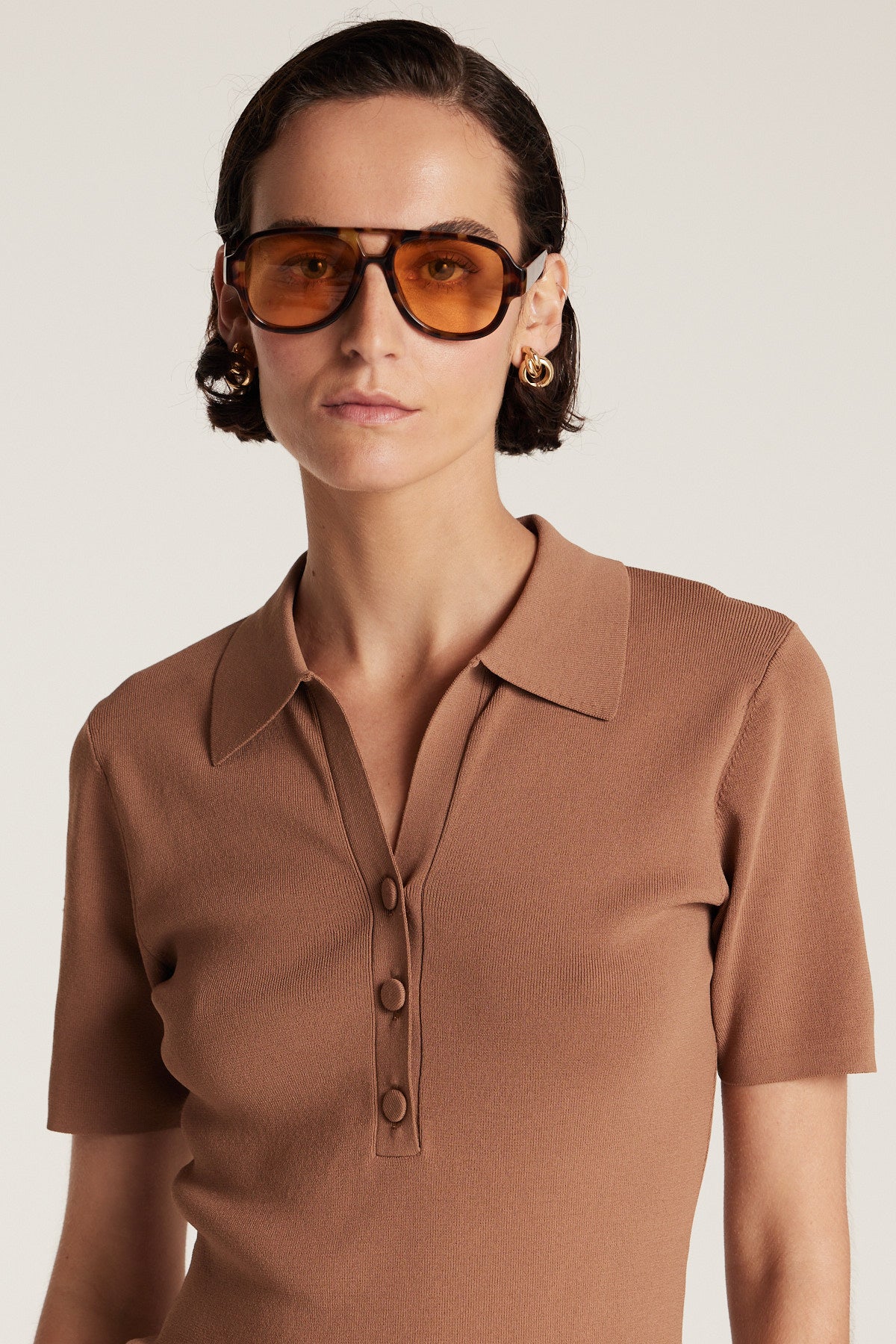 Crepe Knit Polo Top - Mocha-Perri Cutten