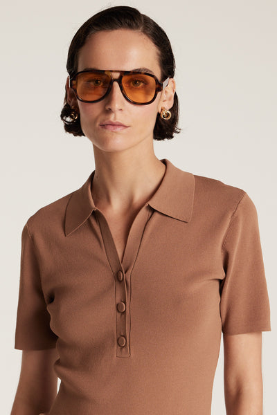 Crepe Knit Polo Top - Mocha-Perri Cutten