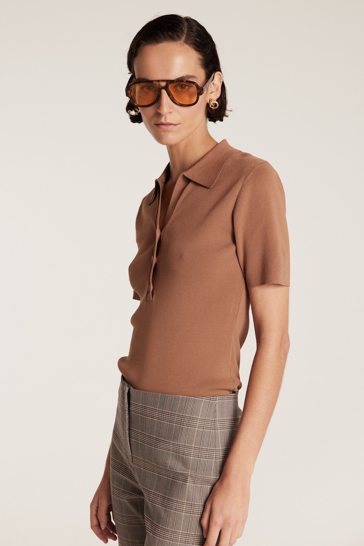 Crepe Knit Polo Top - Mocha-Perri Cutten
