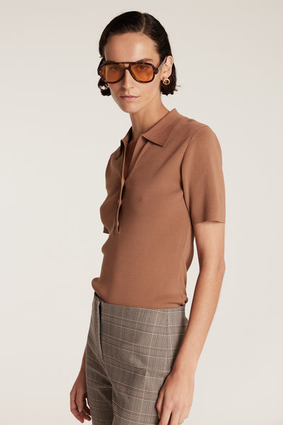 Crepe Knit Polo Top - Mocha-Perri Cutten
