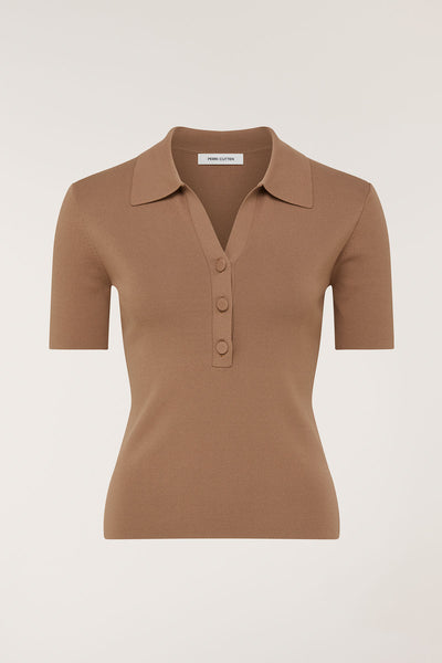 Crepe Knit Polo Top - Mocha-Perri Cutten