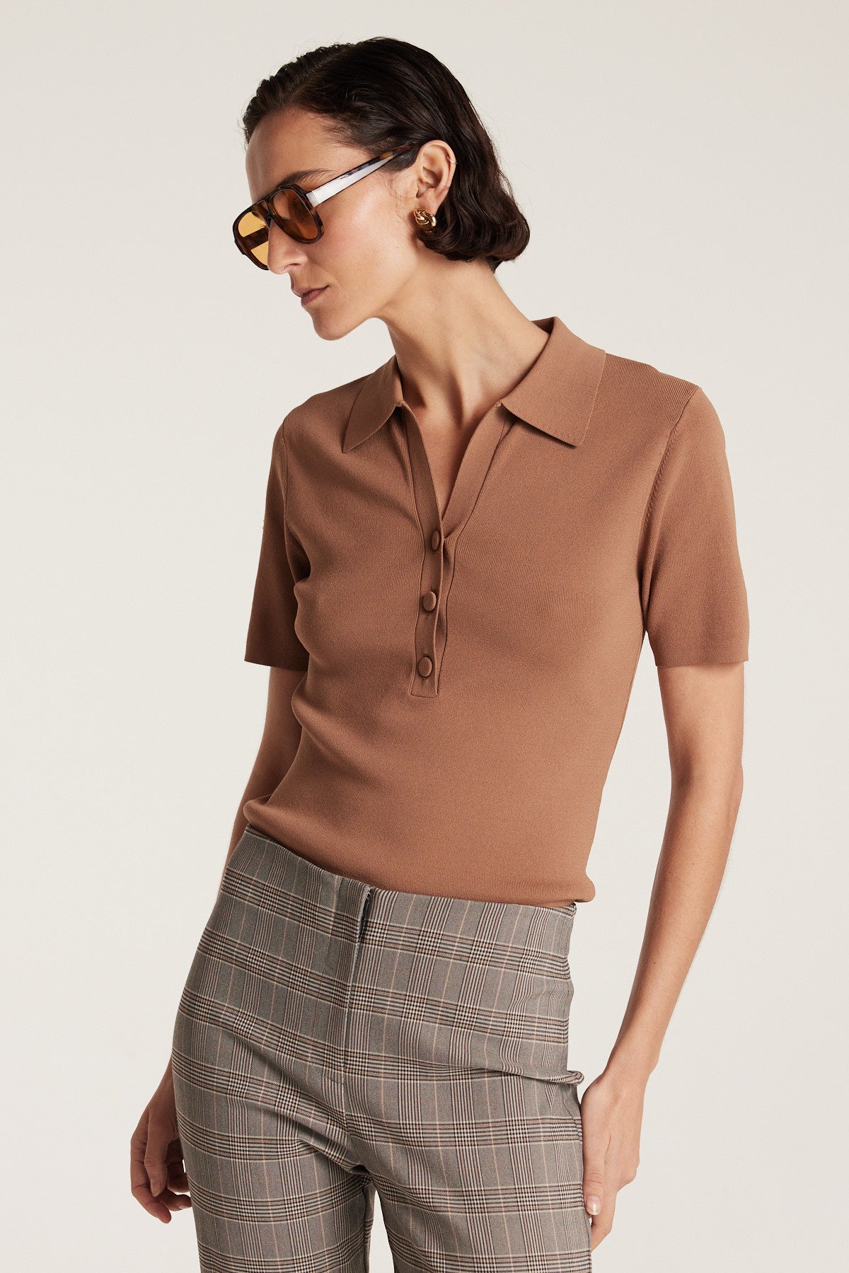 Crepe Knit Polo Top - Mocha-Perri Cutten