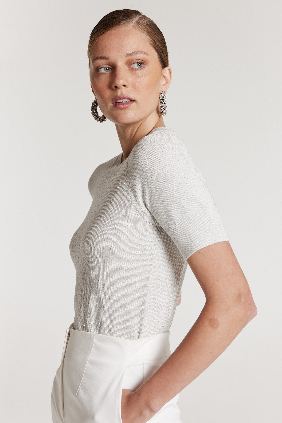Sequin Knit Top - White-Perri Cutten