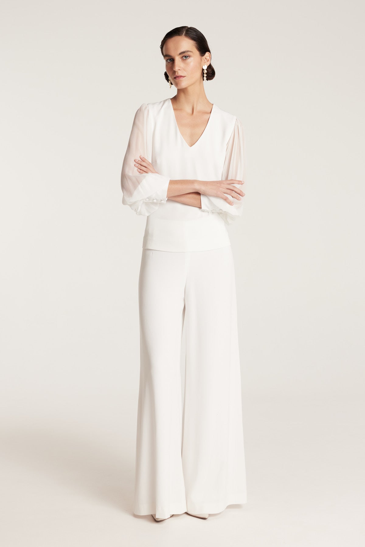 Sheer Sleeve V Top - Ivory-Perri Cutten