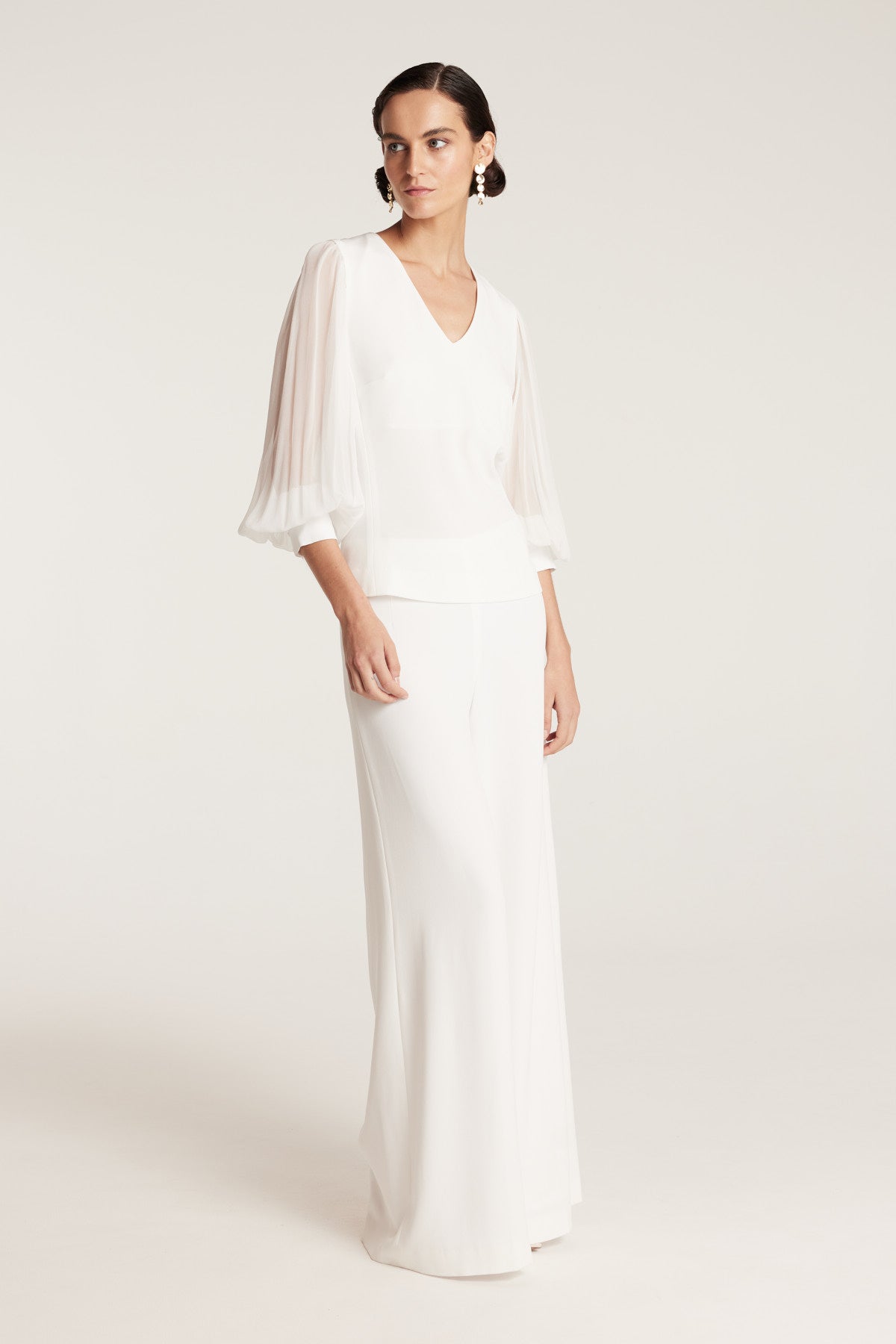 Sheer Sleeve V Top - Ivory-Perri Cutten