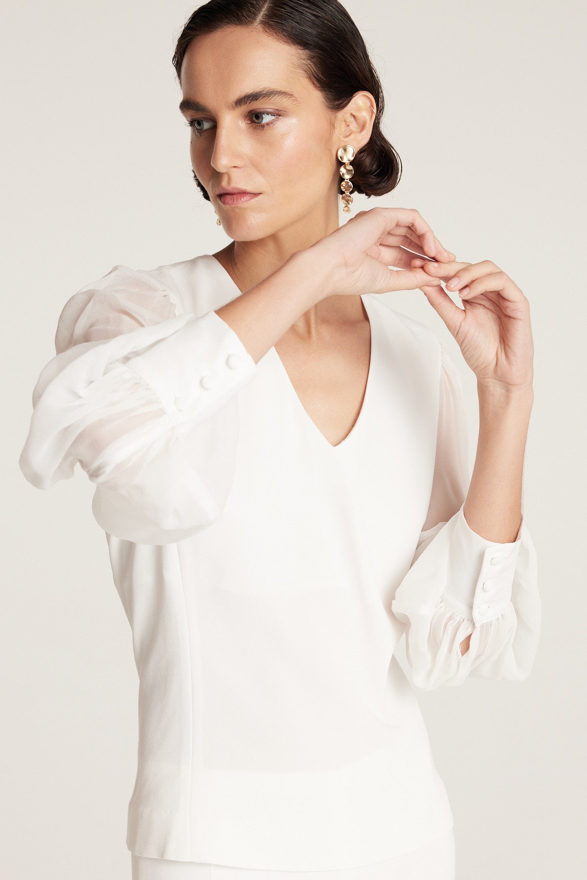 Sheer Sleeve V Top - Ivory-Perri Cutten