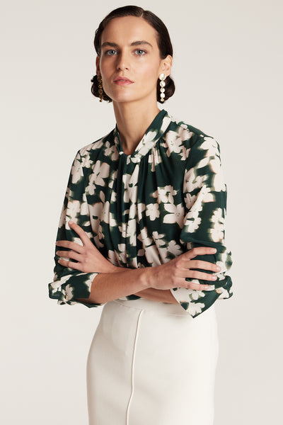 Twist Neck Silk Top - Green Print-Perri Cutten