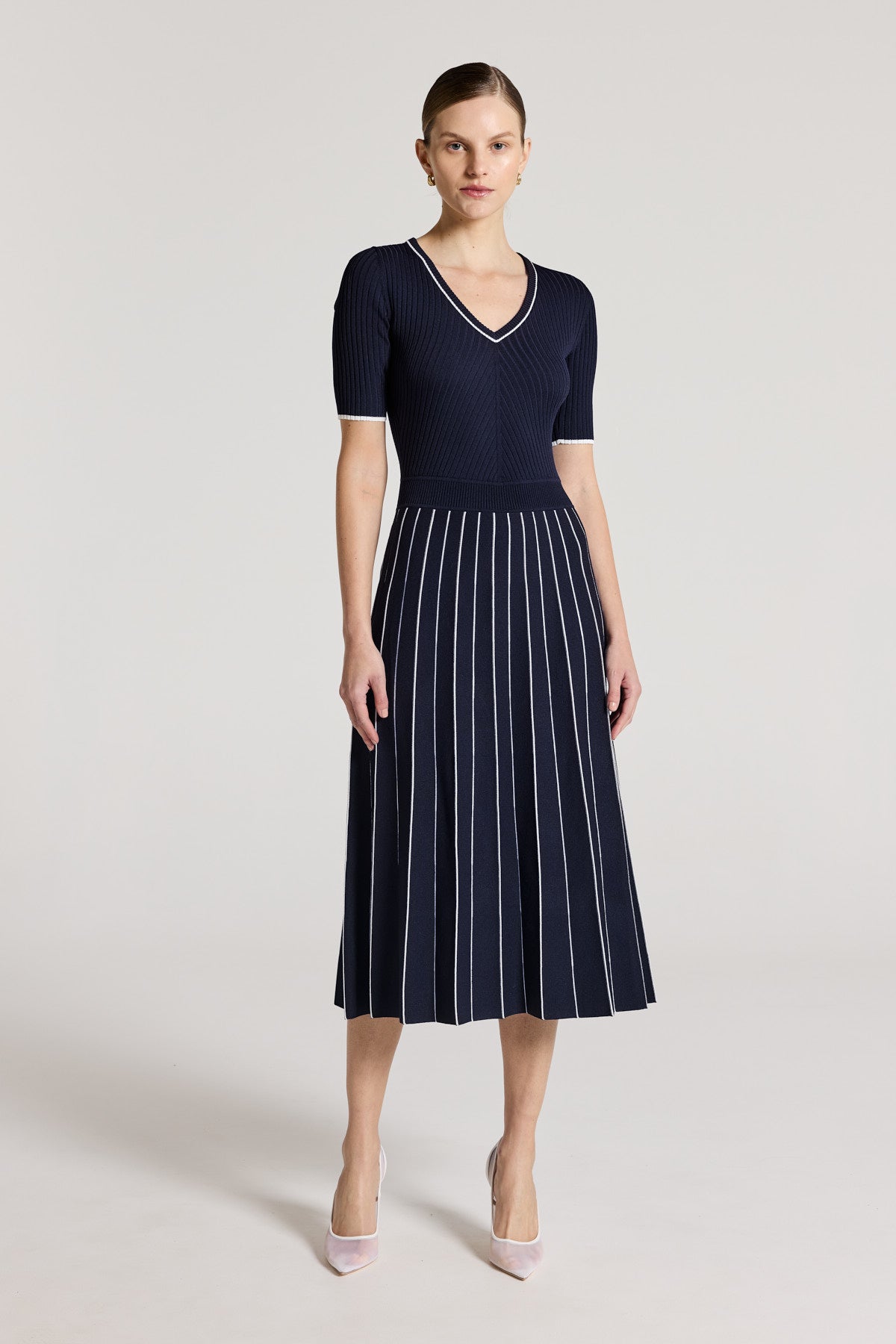 Pippa Crepe Knit Dress - Navy/White-Perri Cutten