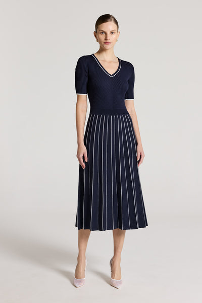 Pippa Crepe Knit Dress - Navy/White-Perri Cutten