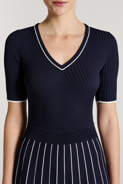 Pippa Crepe Knit Dress - Navy/White-Perri Cutten