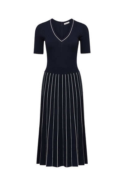 Pippa Crepe Knit Dress - Navy/White-Perri Cutten