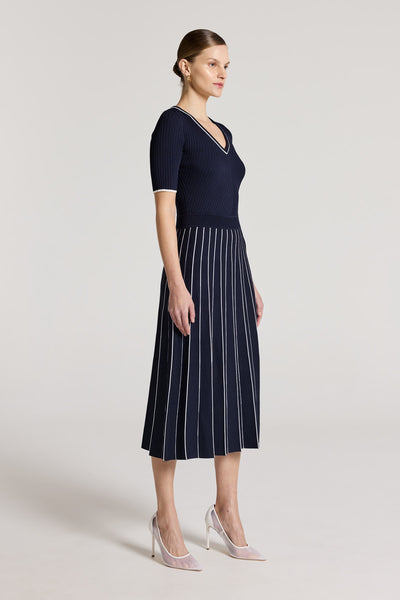 Pippa Crepe Knit Dress - Navy/White-Perri Cutten
