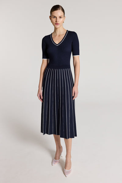 Pippa Crepe Knit Dress - Navy/White-Perri Cutten