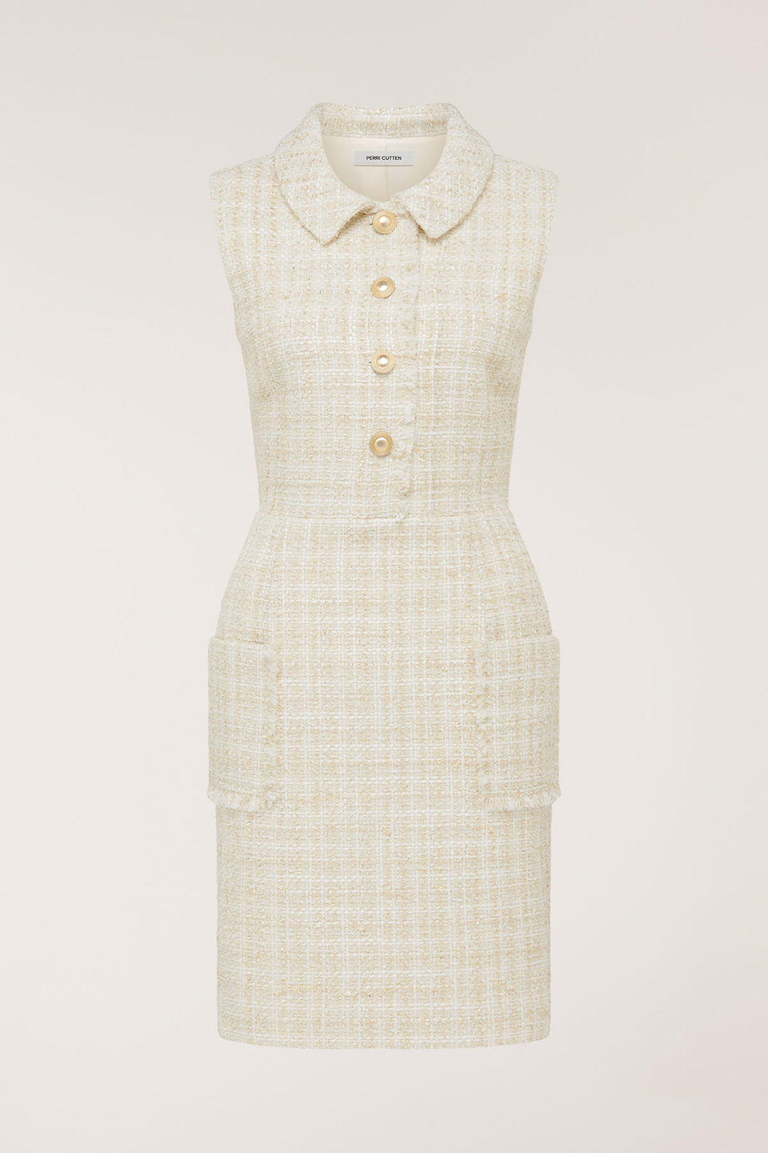white and gold tweed dress She Is Button Front Halter Midi Dress Tweed White main image 0