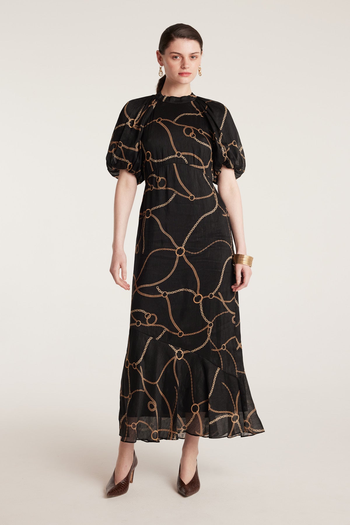 Chain Linen Dress - Black/Gold-Perri Cutten