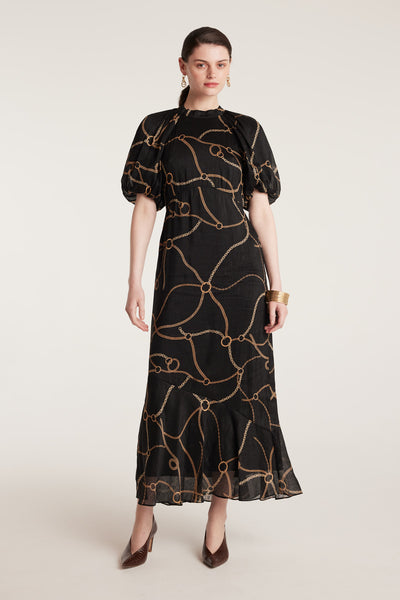 Chain Linen Dress - Black/Gold-Perri Cutten