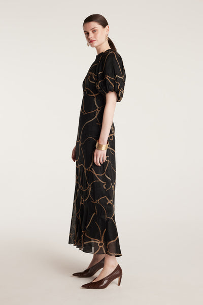Chain Linen Dress - Black/Gold-Perri Cutten
