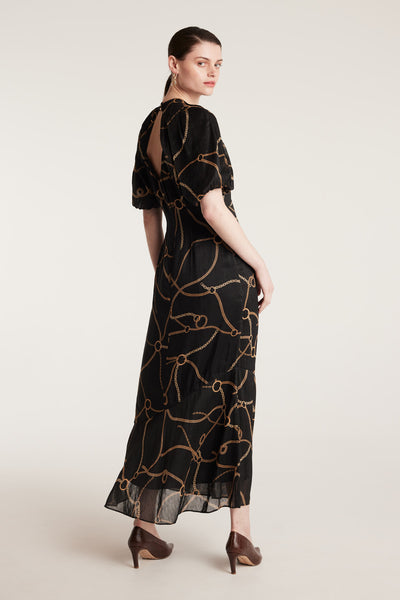 Chain Linen Dress - Black/Gold-Perri Cutten