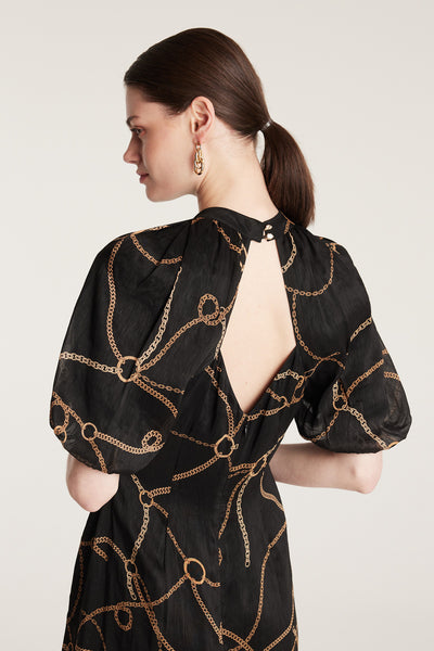 Chain Linen Dress - Black/Gold-Perri Cutten