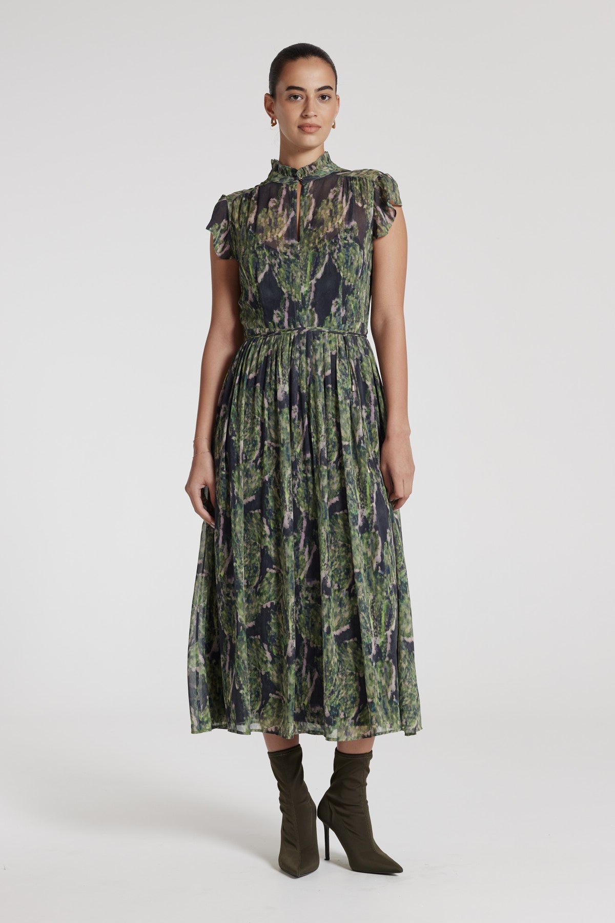 Greta Silk Dress - Green Print-Perri Cutten